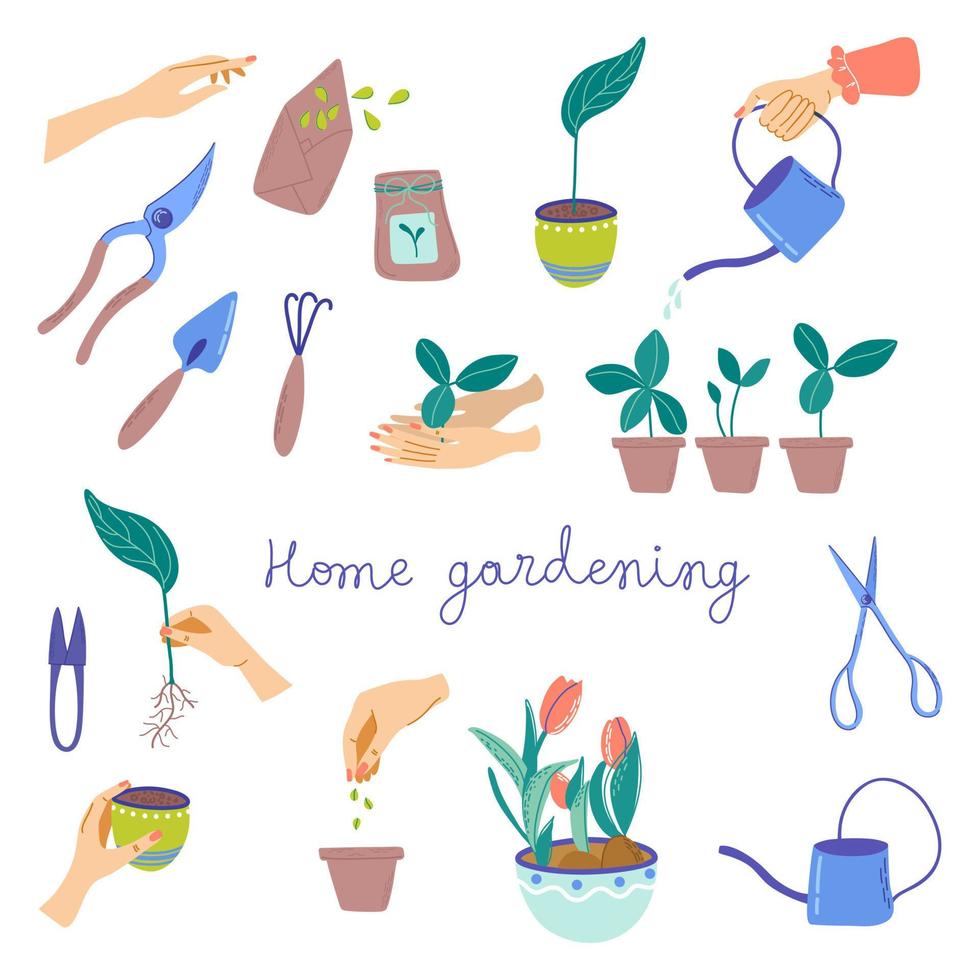 Set of Gardening elements. Seeds, plants, tools and DIY activities. Home gardening and plant care concept. Hand drawn vector clipart.