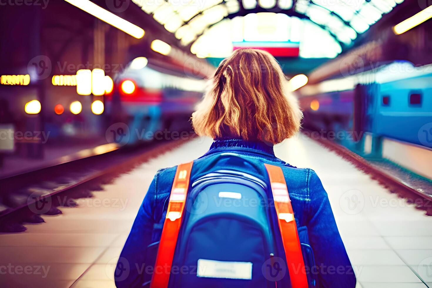 Backside of unrecognizable passenger walking in train station, photo