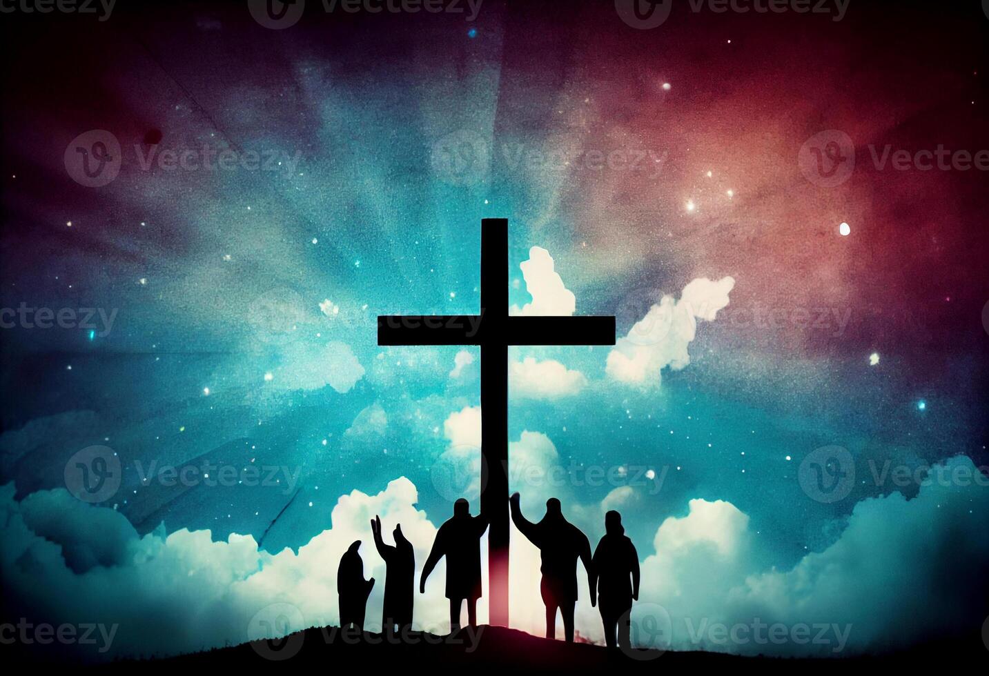 Worship concept. christian people hand in hand over cross on spiritual sky background . Generate Ai. photo