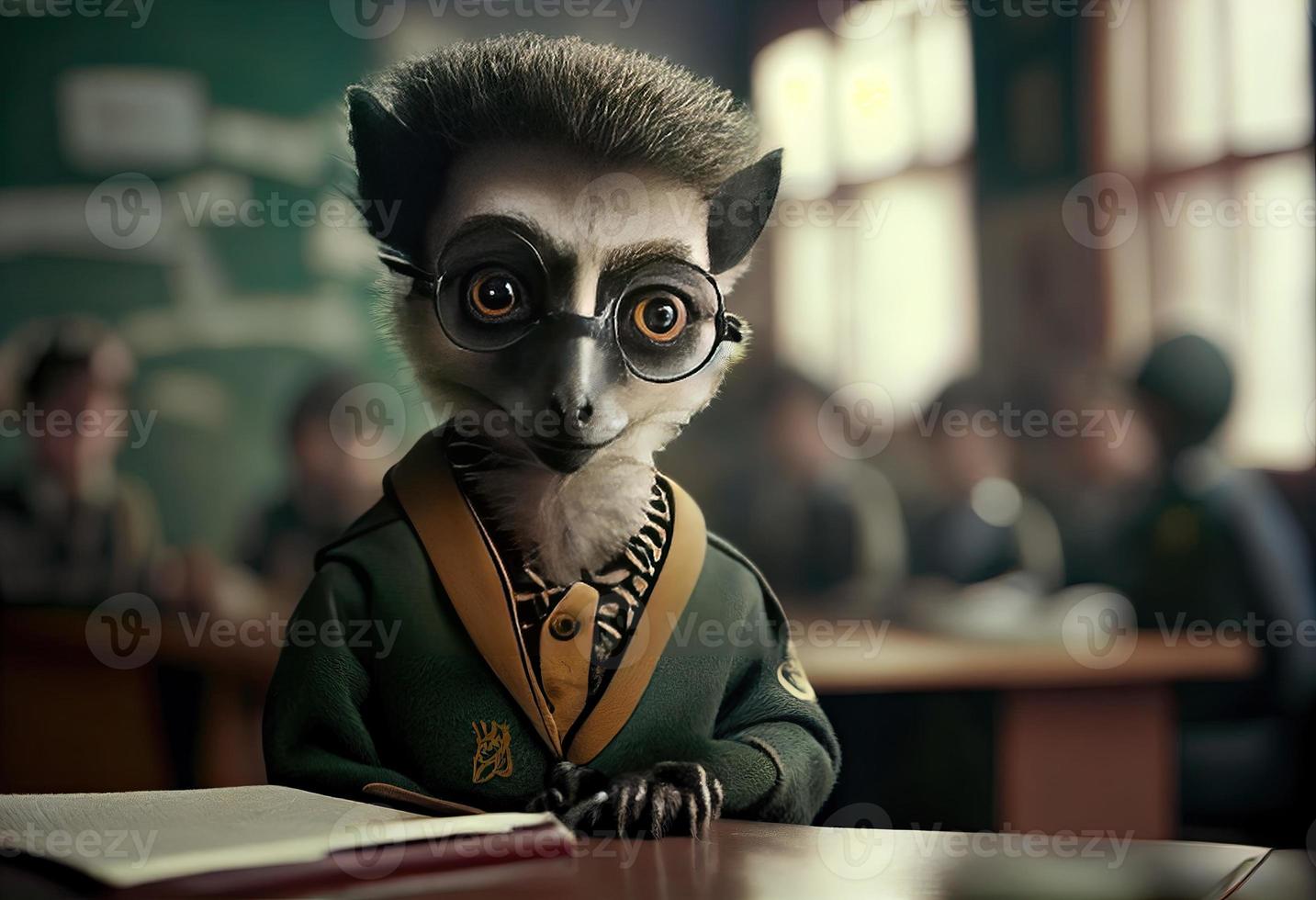 Portrait of an anthropomorphic lemur dressed as a schoolboy in a classroom. Generate Ai. photo