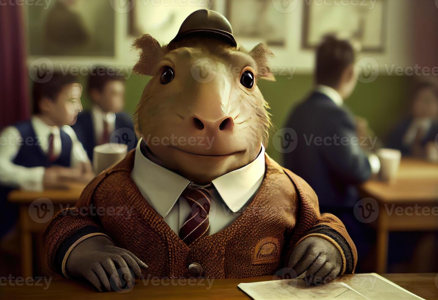 Portrait of an anthropomorphic capybara dressed as a schoolboy in a classroom. Generate Ai. photo