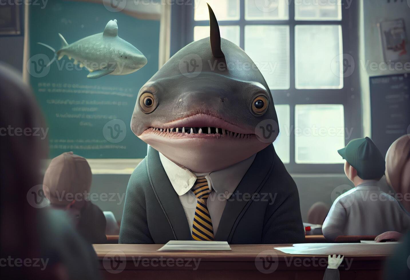 Portrait of an anthropomorphic shark dressed as a schoolboy in a classroom. Generate Ai. photo