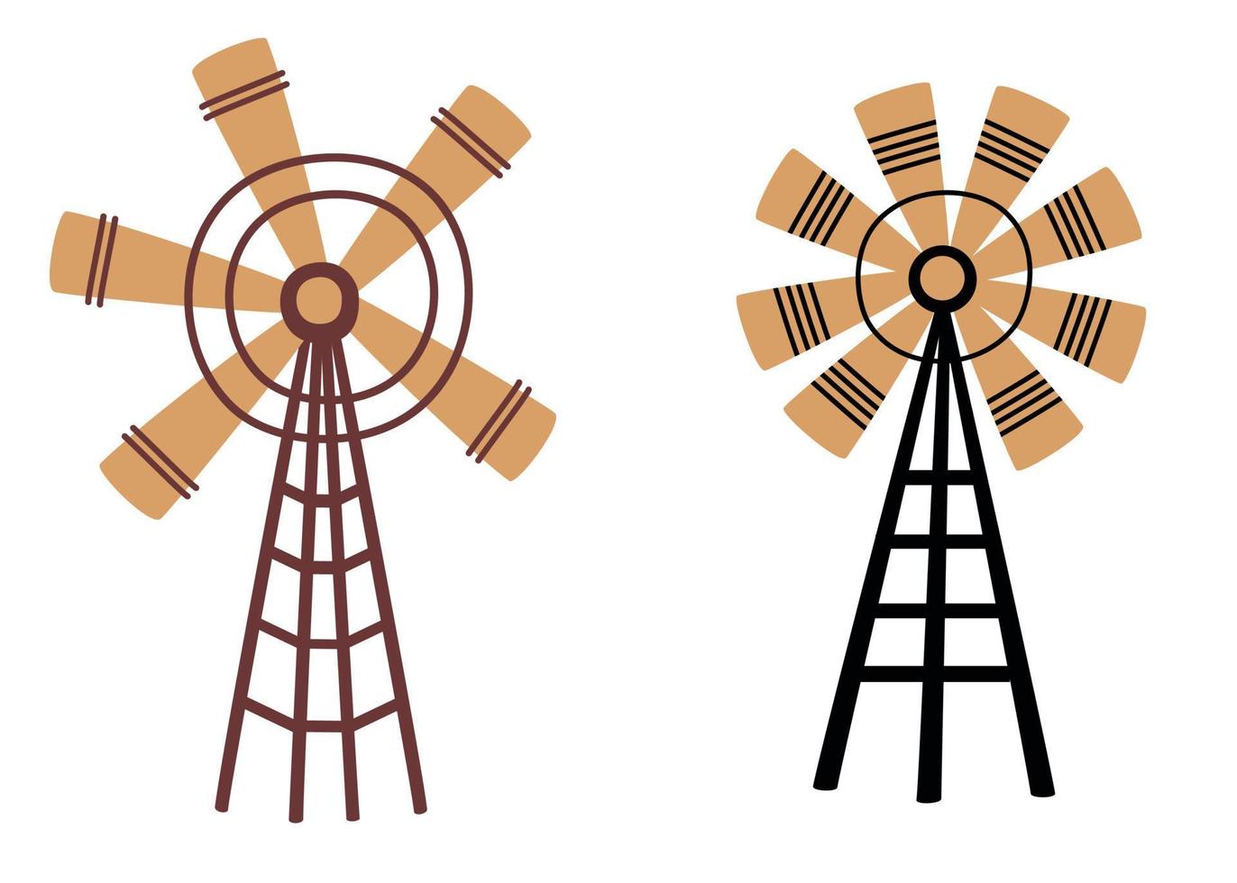 Windmill set. Traditional cartoon Dutch windmill. Use for print, wallpaper, kids clothes, fashion. Vector illustration isolated on the white background.