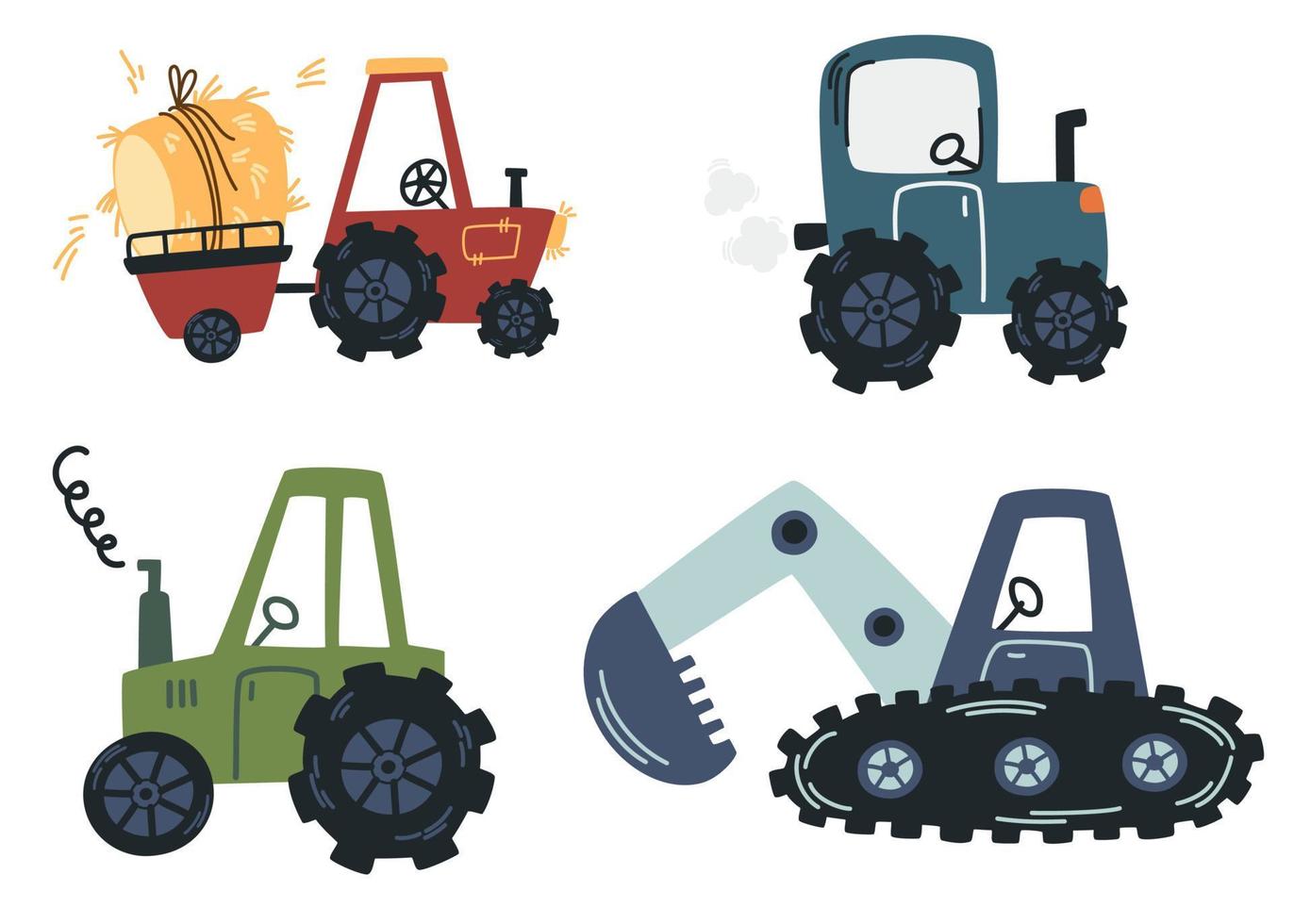 Cartoon Agricultural machinery. Farm tractor set. Vehicle for field agricultural work. Insulated industrial tractor, combine harvester, duster, sewing machine for transporting. Vector illustration