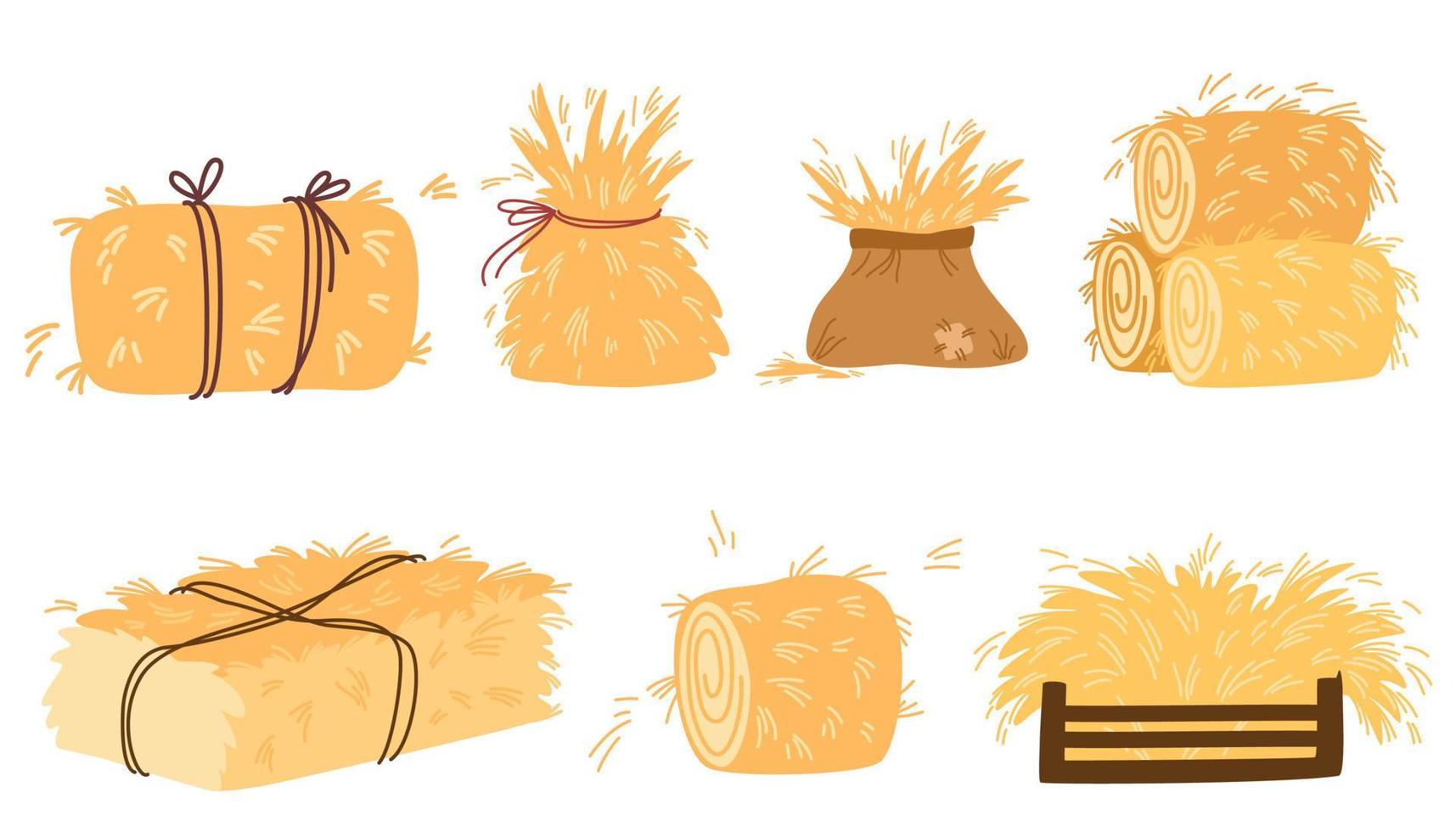 Cartoon haystack. Bale of hay collection. Rural hay rolled stacks and agricultural haycocks. Dried haystack, fodder straw and farm haystacks. Vector illustrations set.