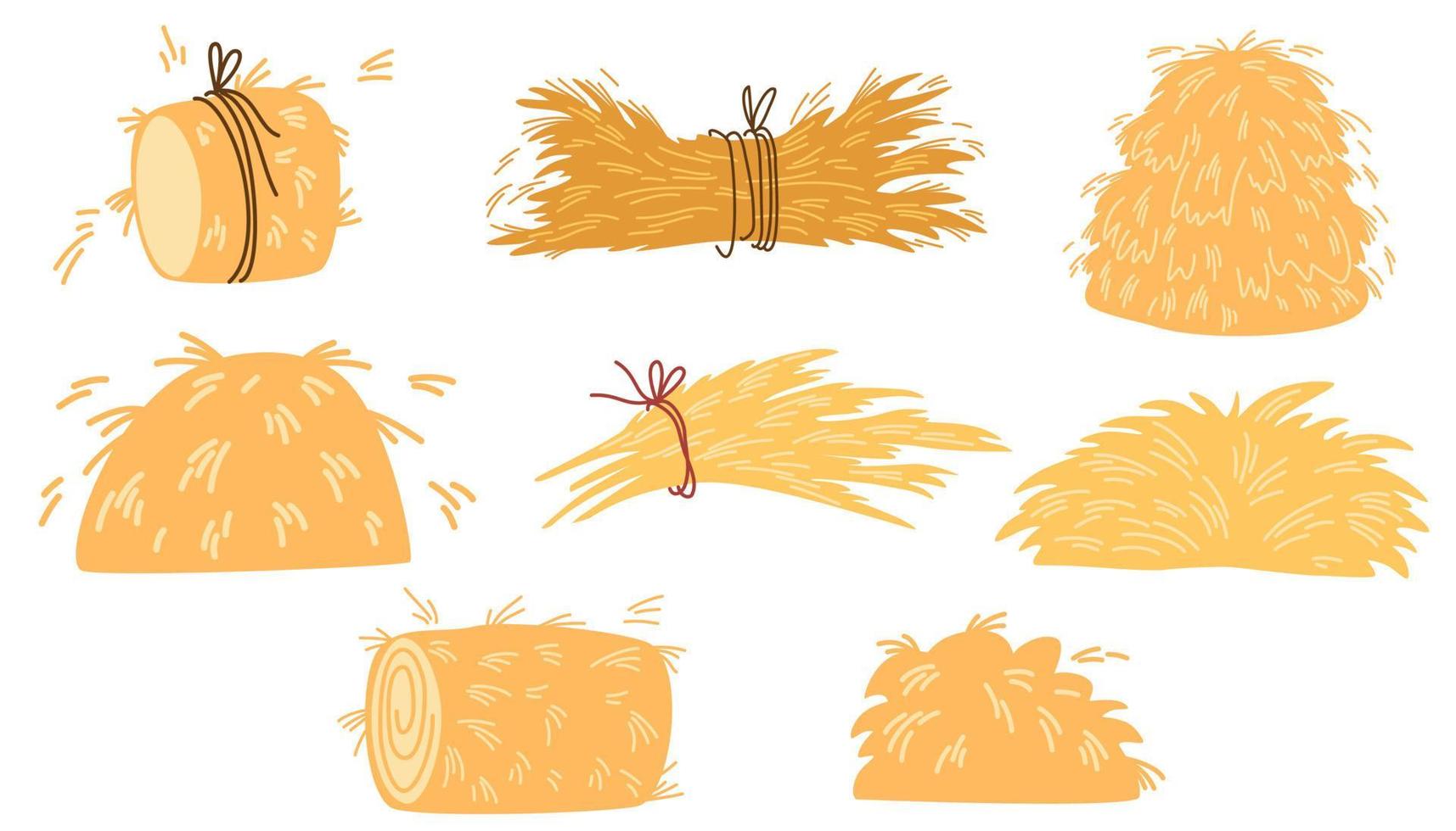 Cartoon haystack. Bale of hay collection. Rural hay rolled stacks and agricultural haycocks. Dried haystack, fodder straw and farm haystacks. Vector illustrations set.