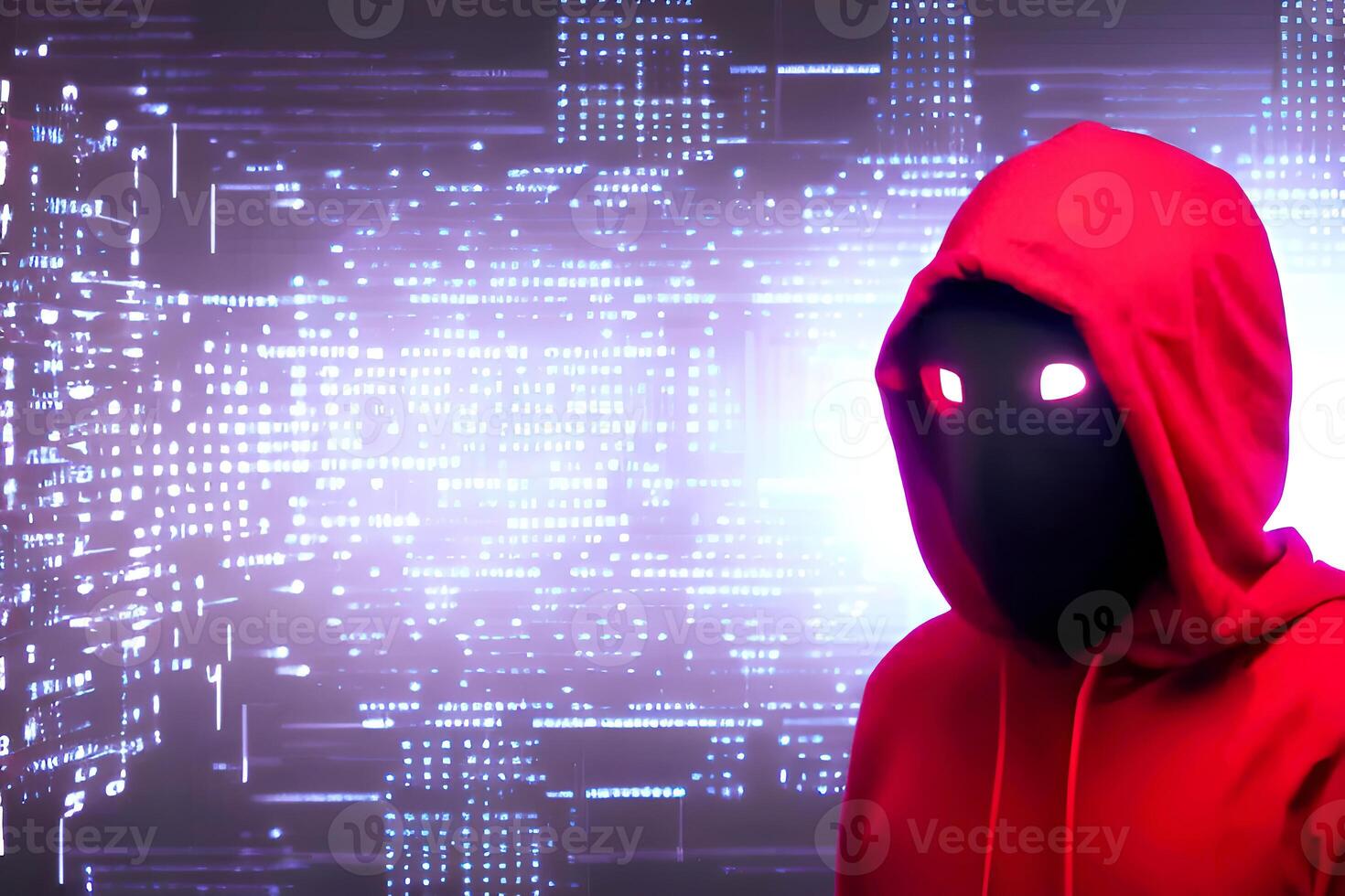 Mystery masked hacker wear red hoodie with digital technology background, photo