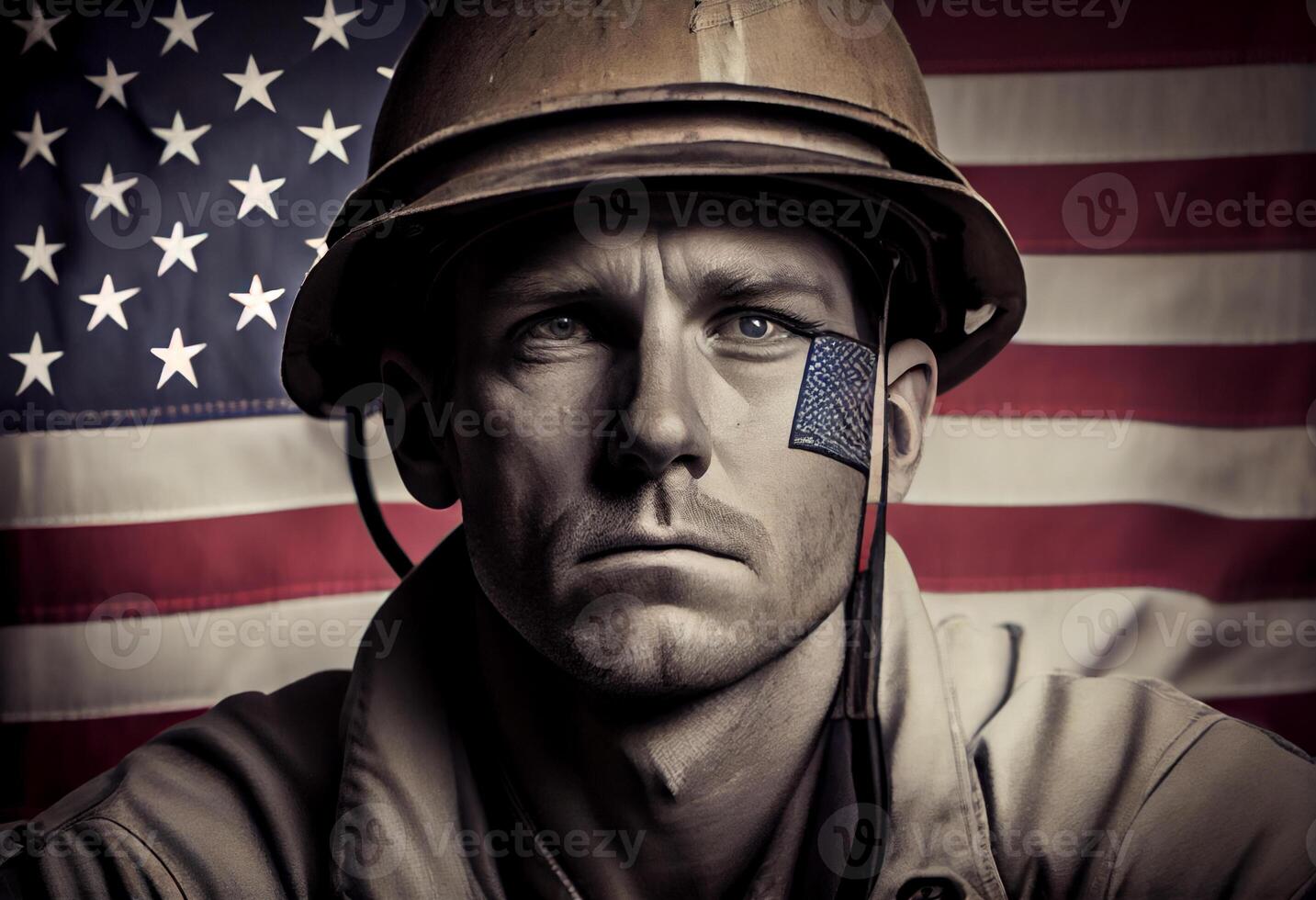 un grave trabajador hombre y americano bandera. generar ai. foto