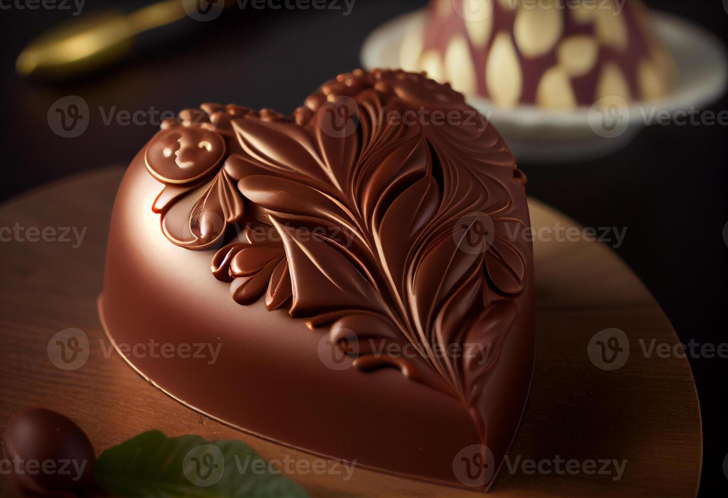 A beautiful heart-shaped chocolate is on a table. Generate Ai. 22680173
