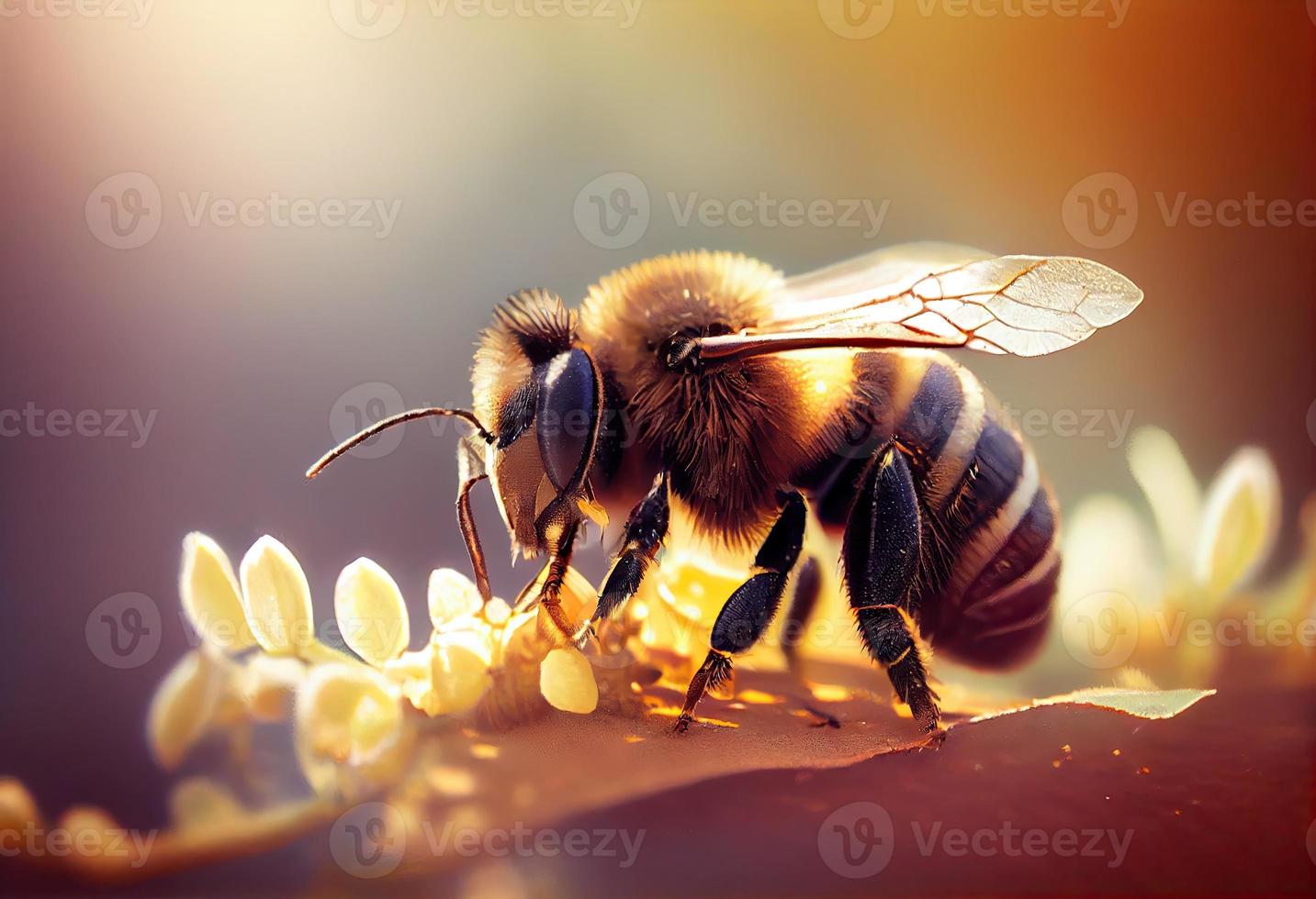 abeja recoge néctar en un soleado día, salvaje insecto vida. generar ai. foto
