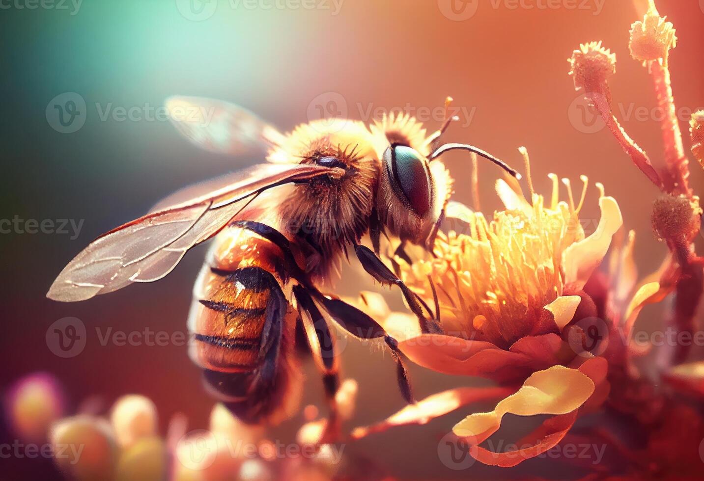 bee collects nectar on a sunny day, wild insect life. Generate Ai. photo