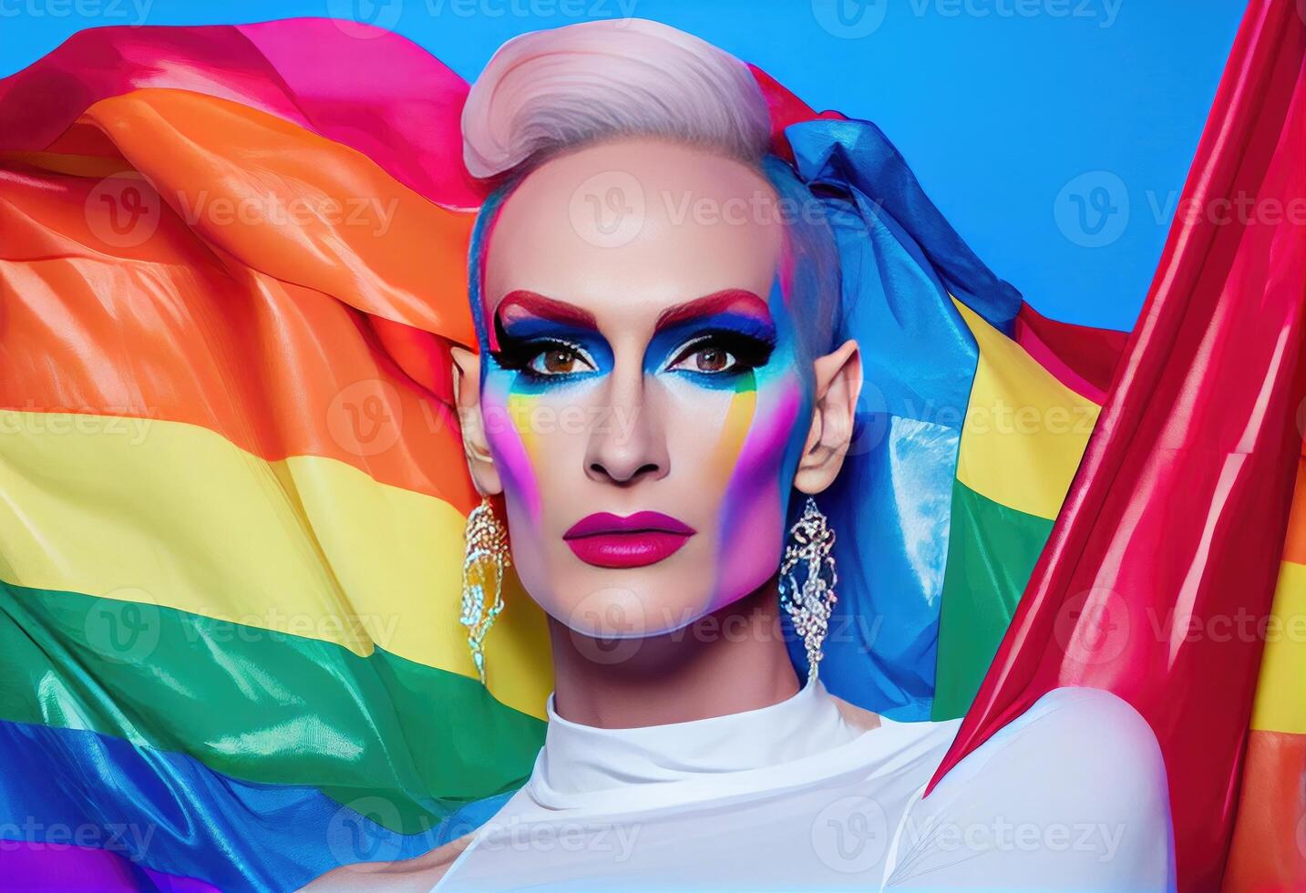 Slim extraordinary drag queen with makeup holding LGBT pride flag