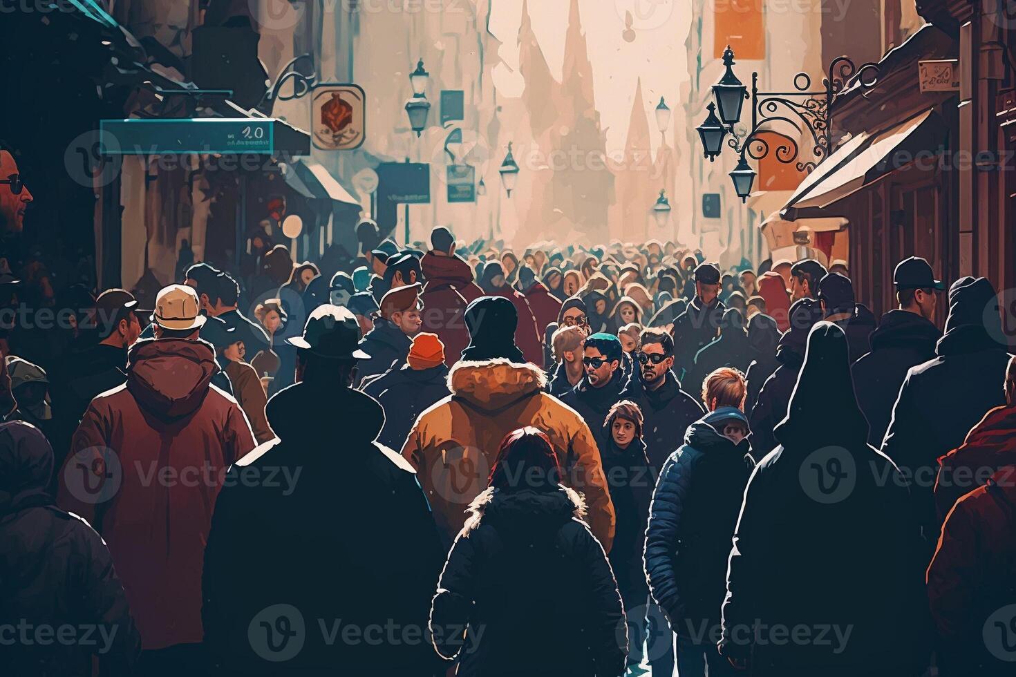 Crowd of people walking street. Generate Ai. photo