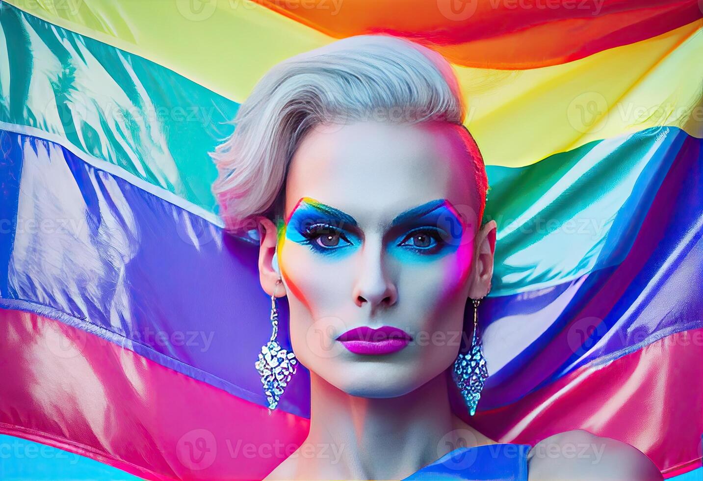 Delgado extraordinario arrastrar reina con maquillaje participación lgbt orgullo bandera en contra azul antecedentes y mirando a cámara. generar ai. generar ai. foto