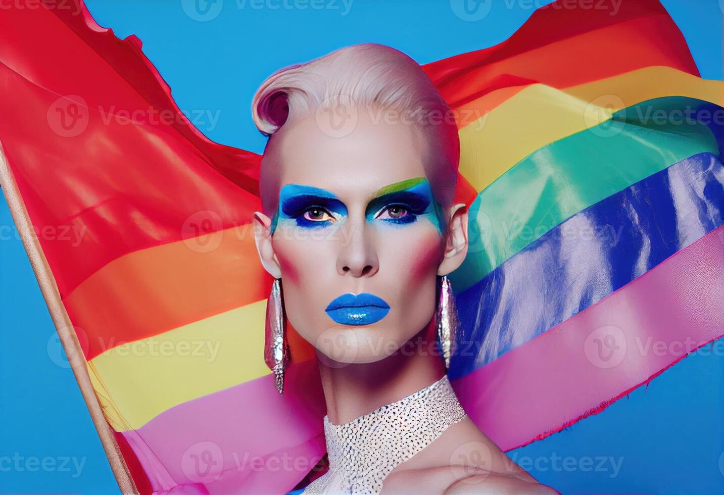 Slim extraordinary drag queen with makeup holding LGBT pride flag against blue background and looking at camera. Generate Ai. Generate Ai. photo