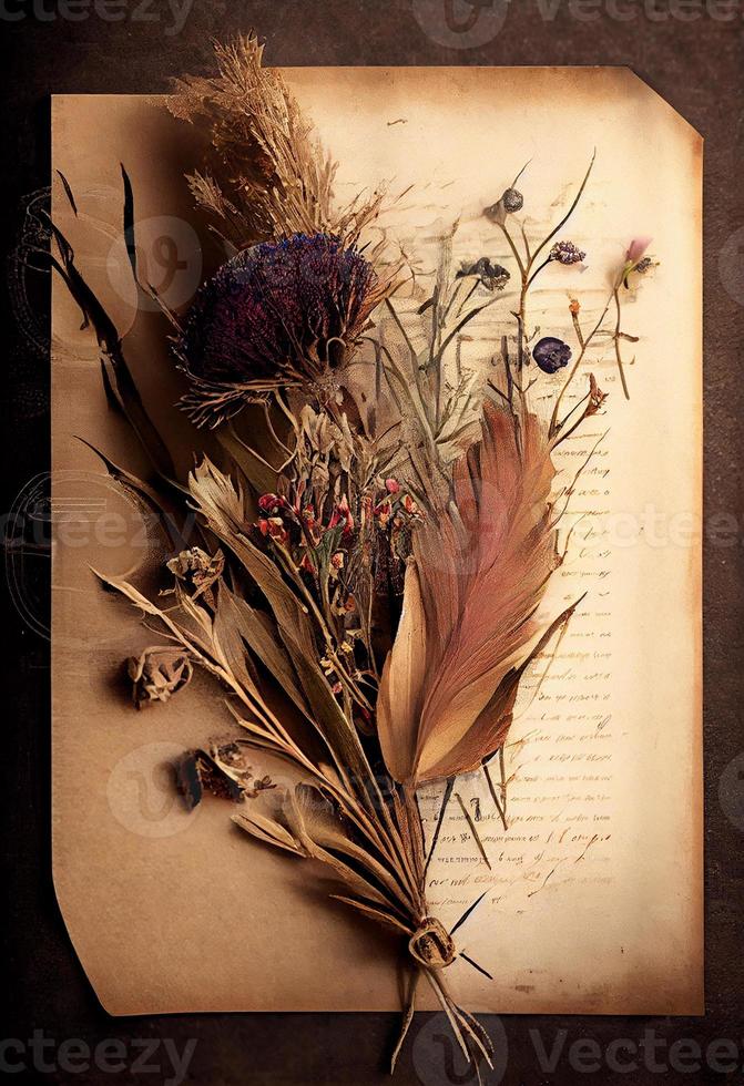 Photo dried flowers and plants over antique vintage card. Generate Ai