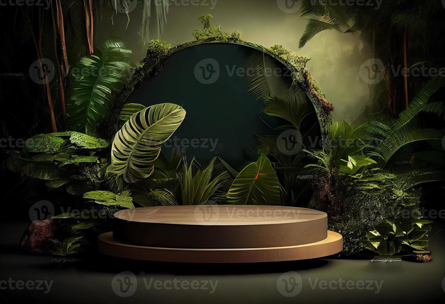 Photo tropical podium or platform for product presentation display in jungle landscape. Generate Ai