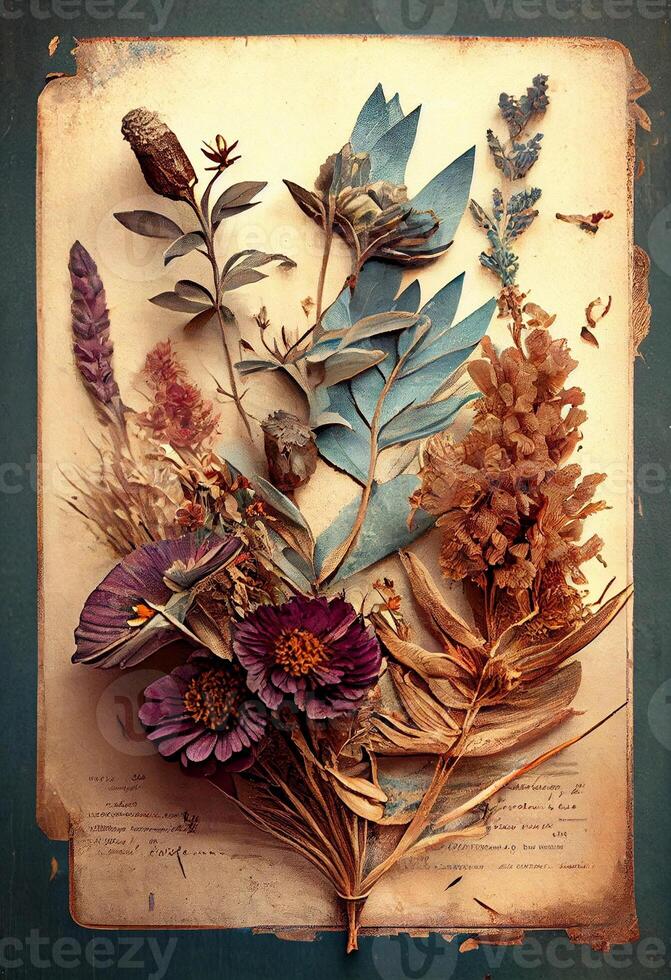 Photo dried flowers and plants over antique vintage card. Generate Ai