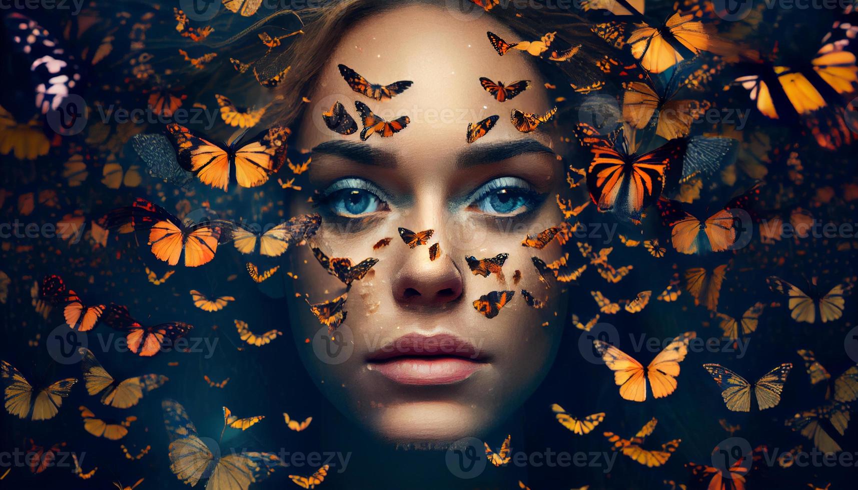 Woman's face sticking out in the middle of a full group of butterflies. Generate Ai. photo