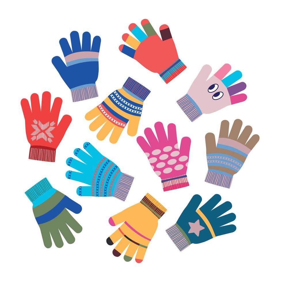 A set of bright, cute children's gloves on a white background. Cute colorful woolen or knitted gloves for cold frosty weather vector