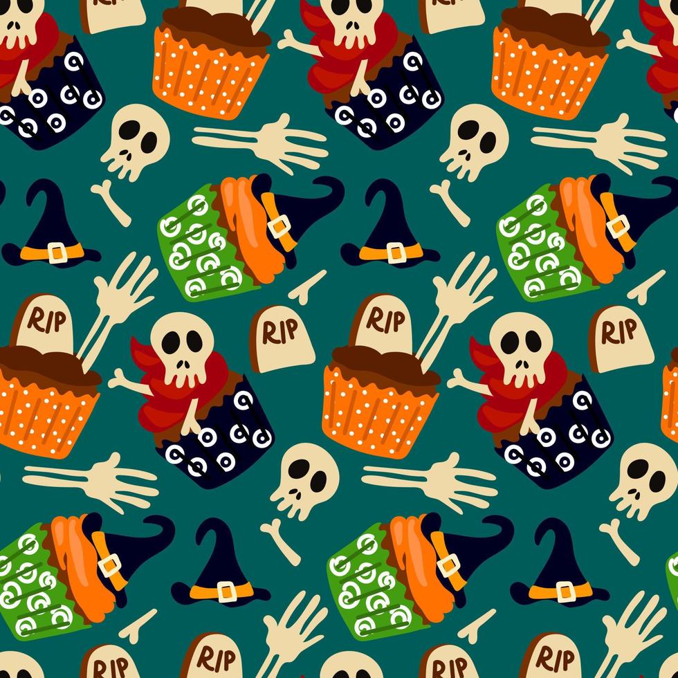 A pattern of cupcakes for Halloween. Baked goods in the form of muffins with a witch's hat, a grave, a skeleton, a skull. Cartoon vector. Wrapping paper for Halloween, cover, pattern, fabric. Blue vector