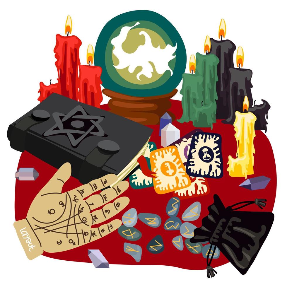 A fortune-telling kit. A mystical spell book and divination items. Cartoon. Ball, book, runes, hand, cards, candles, crystals. Still life and the place of the fortune teller. Witchcraft for Halloween vector