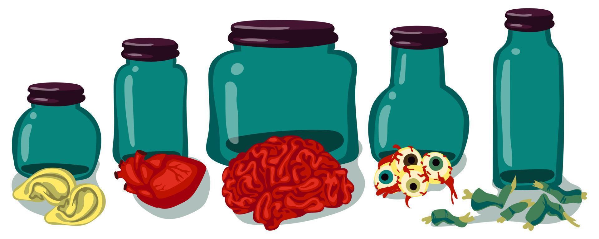 A collection of organs and specimens stored near glass jars. The jars