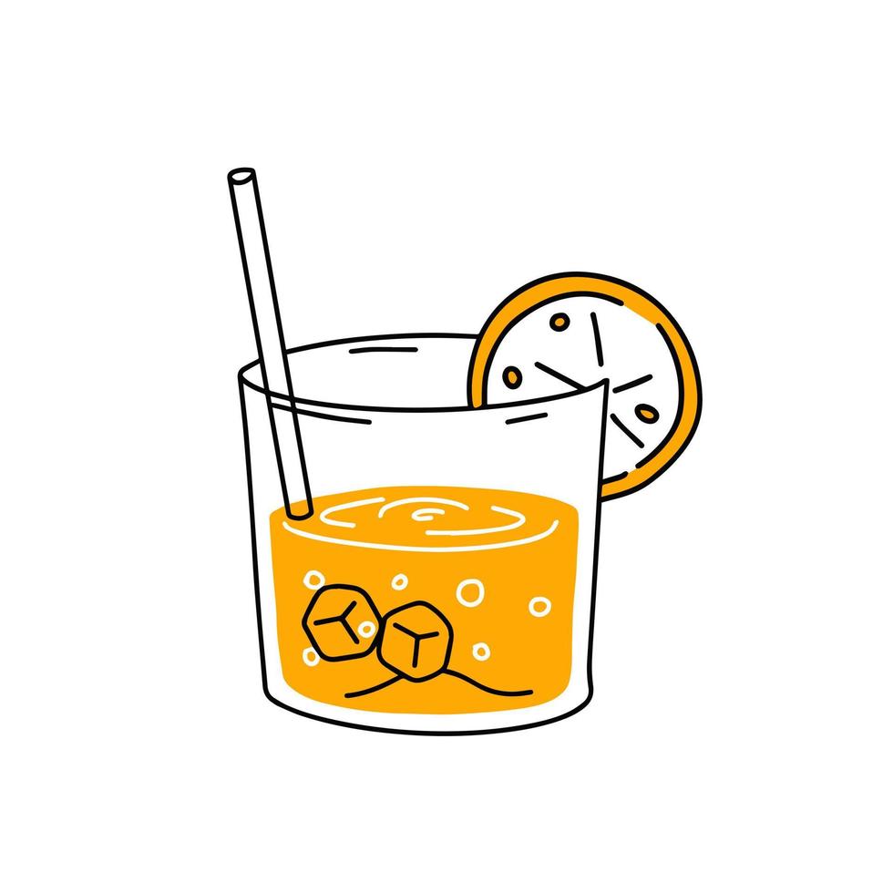 Orange juice. Glass of fresh drink. Trendy outline cartoon. Thirst quenching and summer cocktail vector
