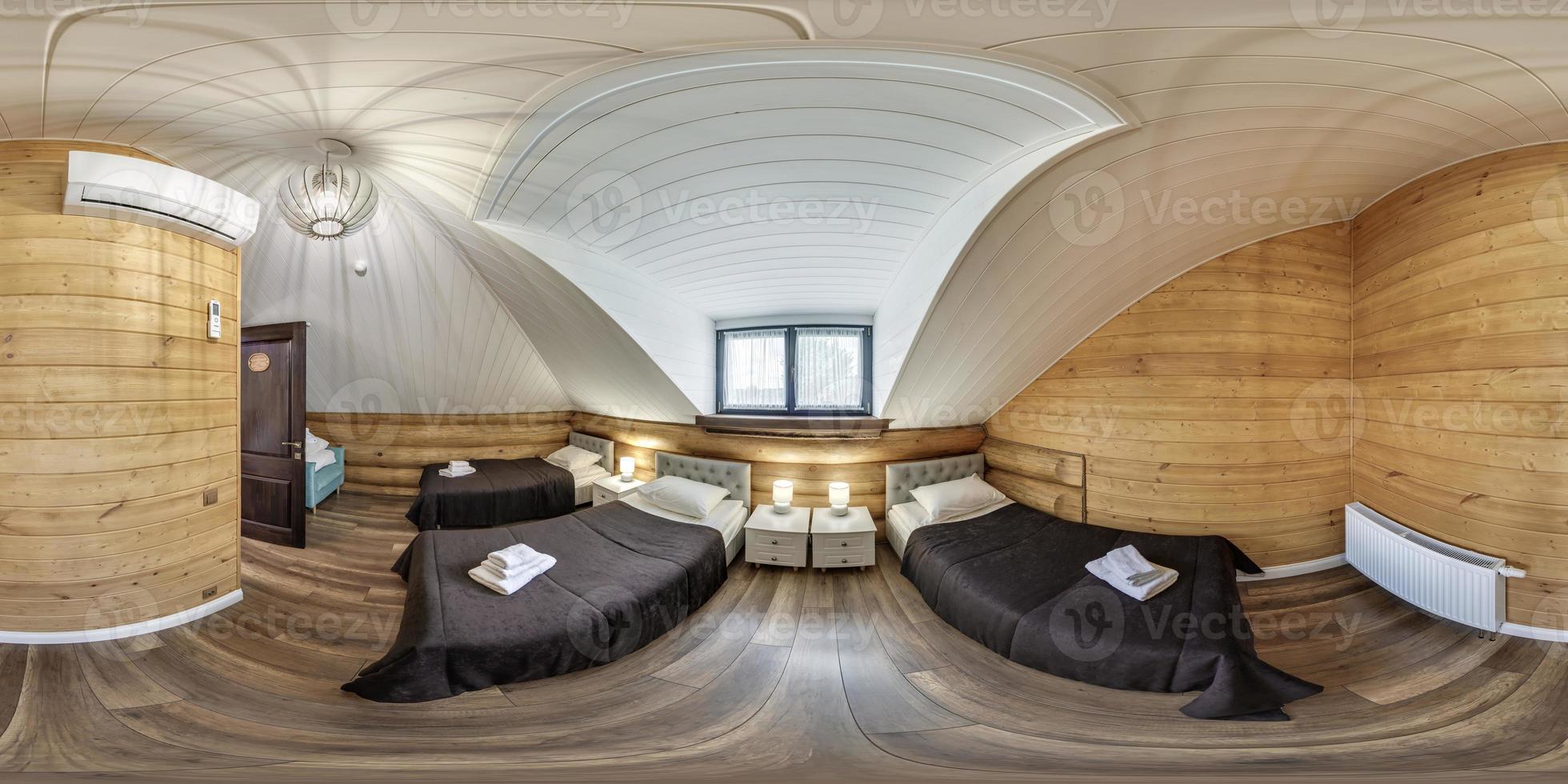 360 hdri panorama in interior of wooden eco bedroom in rustic style hostel or homestead on mansard floor in equirectangular projection with zenith and nadir. VR AR content photo