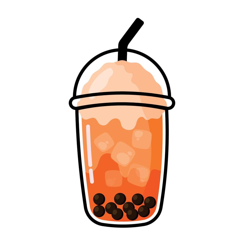 Iced Bubble Tea Drink with Ice Cube and Tapioca Pearl in Cute Cartoon Vector Illustration