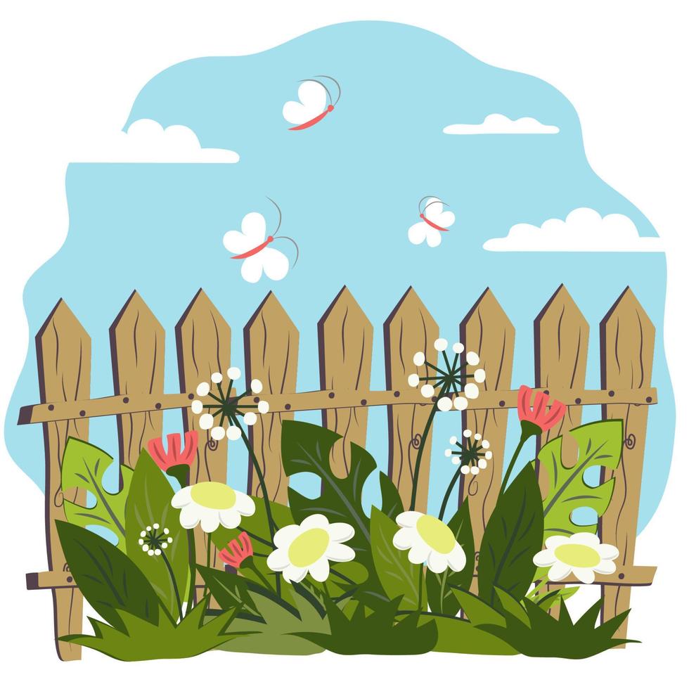 Spring landscape with wild flowers, butterflies and fence under blue sky with clouds. Dandelions, tulips, daisies, leaves vector