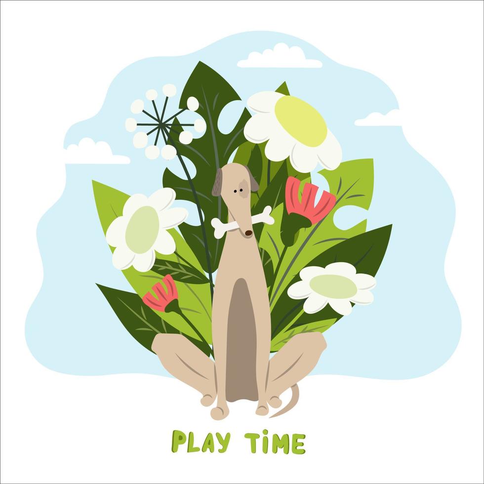 Greyhound dog with a bone in his teeth sits in thickets of wild flowers and the inscription Play time. Card vector