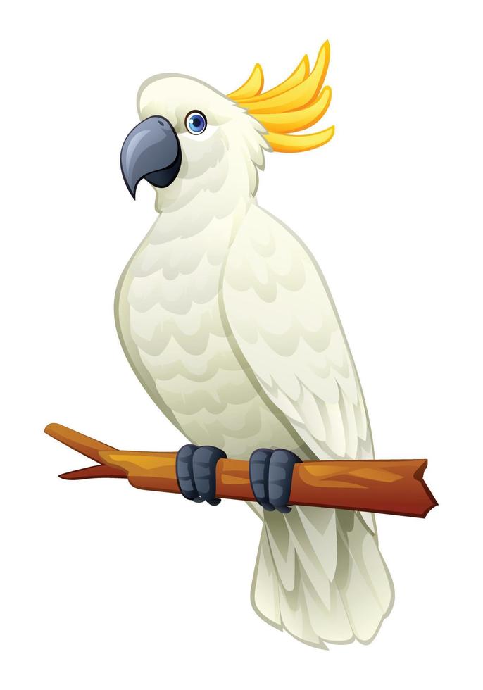 Cute cockatoo parrot sitting on branch cartoon illustration isolated on white background vector