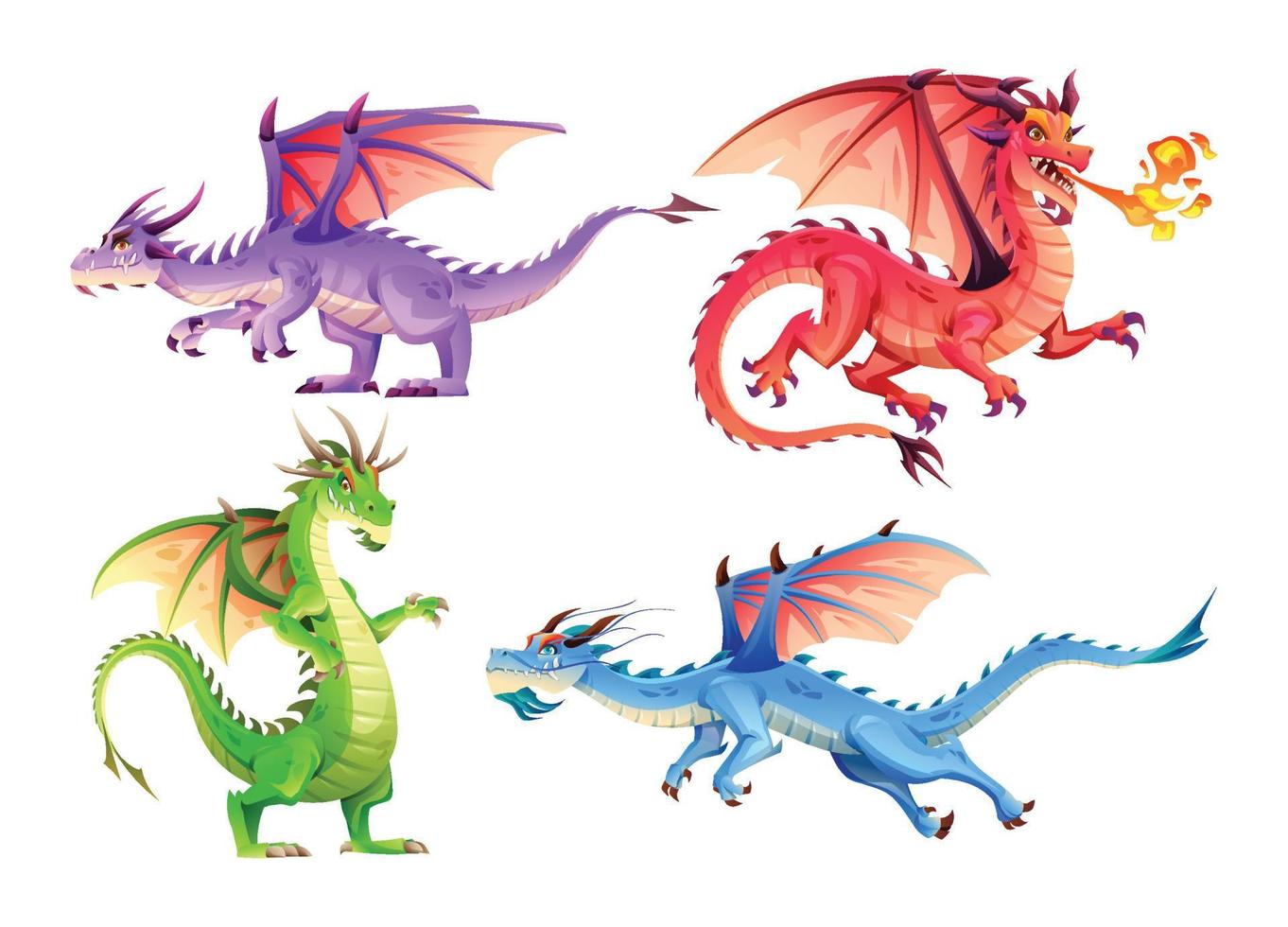 Dragons character set in cartoon style vector