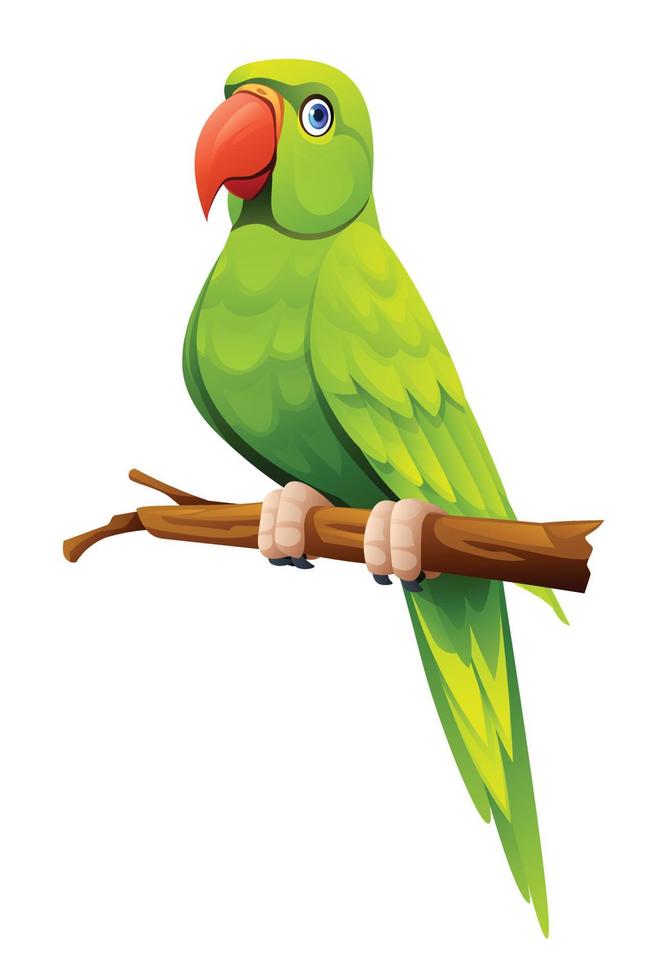 linda verde loro sentado en rama dibujos animados ilustración aislado en blanco antecedentes vector