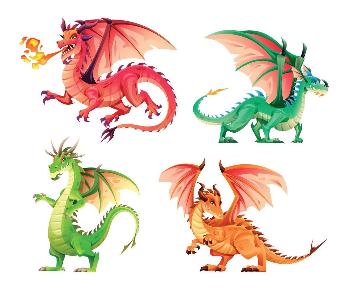 Set of cartoon dragon characters vector illustration