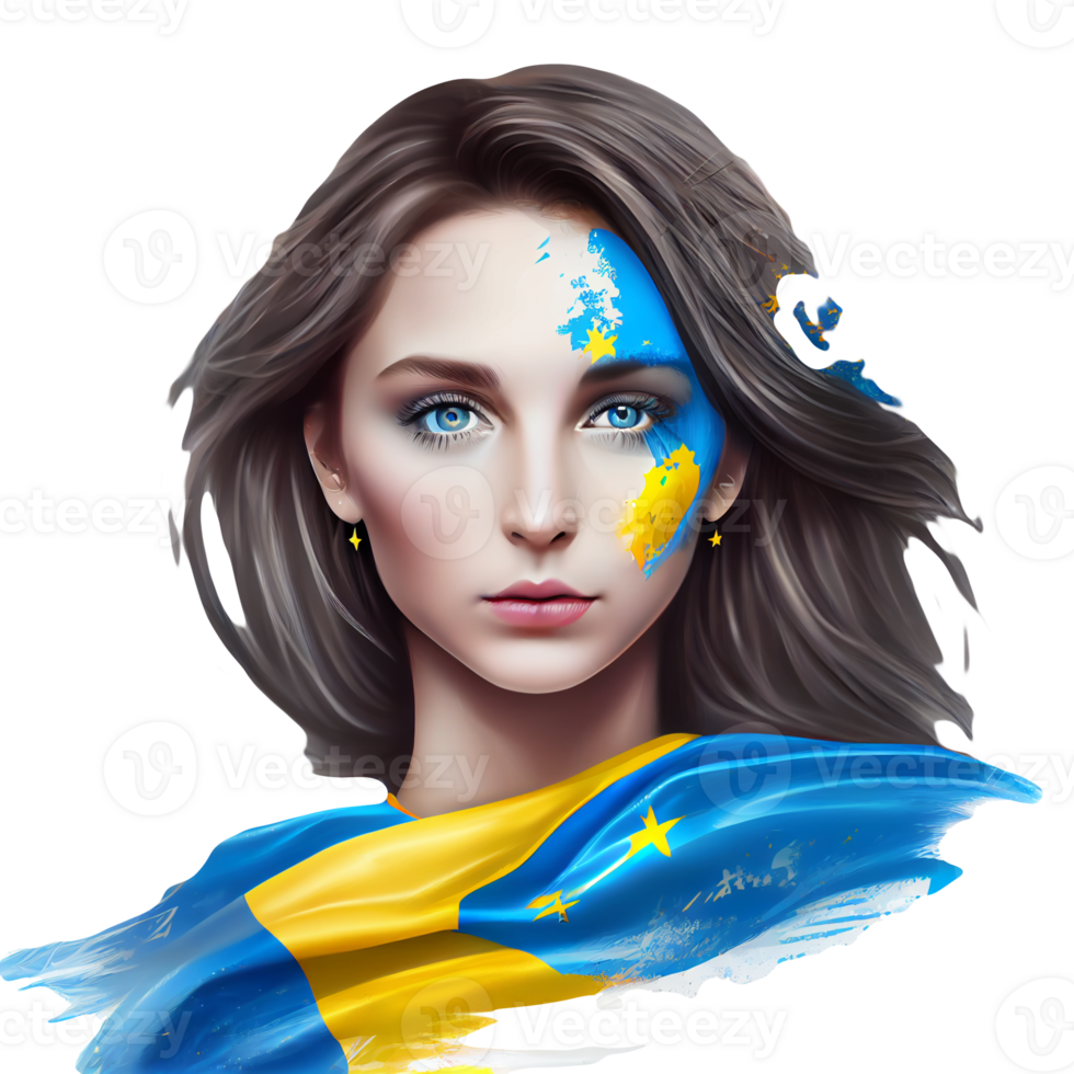 Oekraïne vlag vrouw illustratie, mooi Dames oekraïens en EU artwork vlaggen, ai gegenereerd png