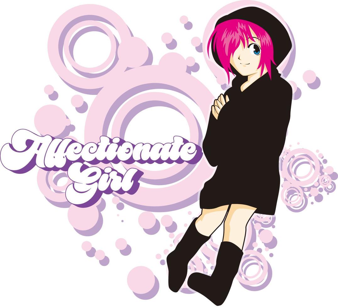 A girl with pink hair and a hood that says  affectionate girl vector