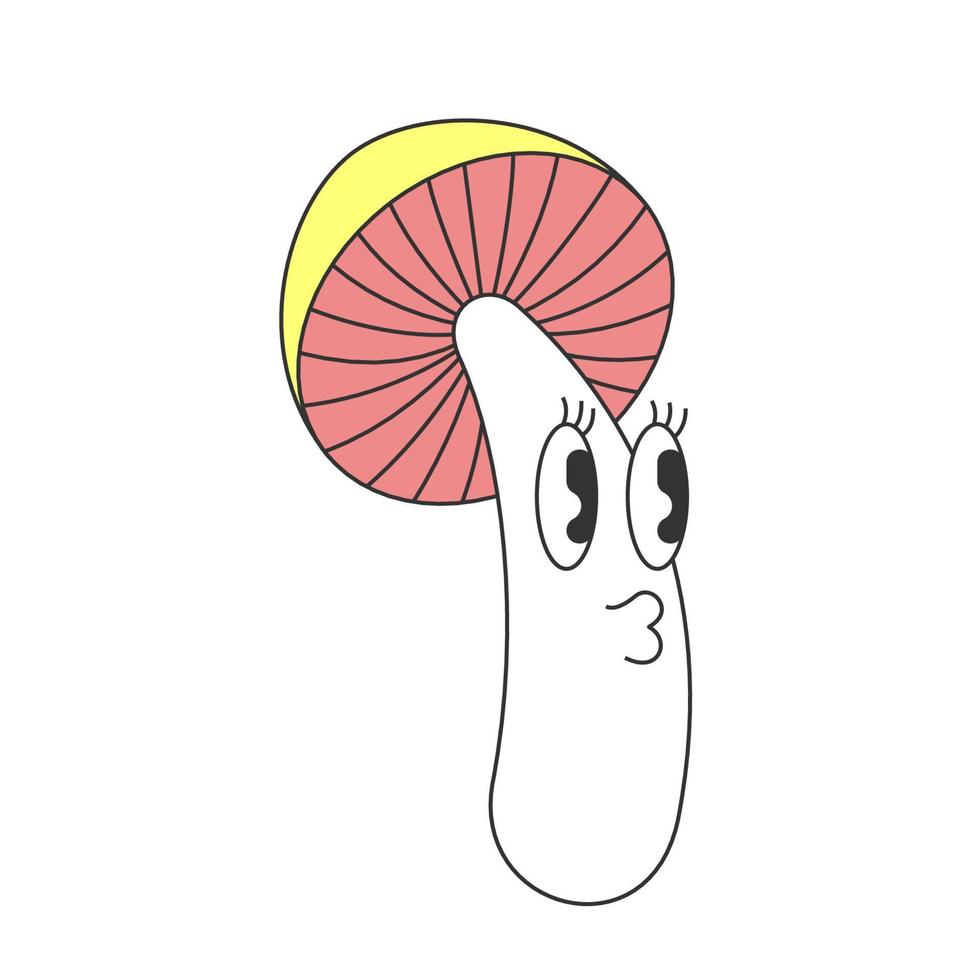 Retro groovy trippy mushroom character with good funny face. Hippie psychedelic strange fly agaric. Hippy funky fungus. Vintage hallucinogenic nostalgic amanita. Trendy y2k pop culture vector mascot