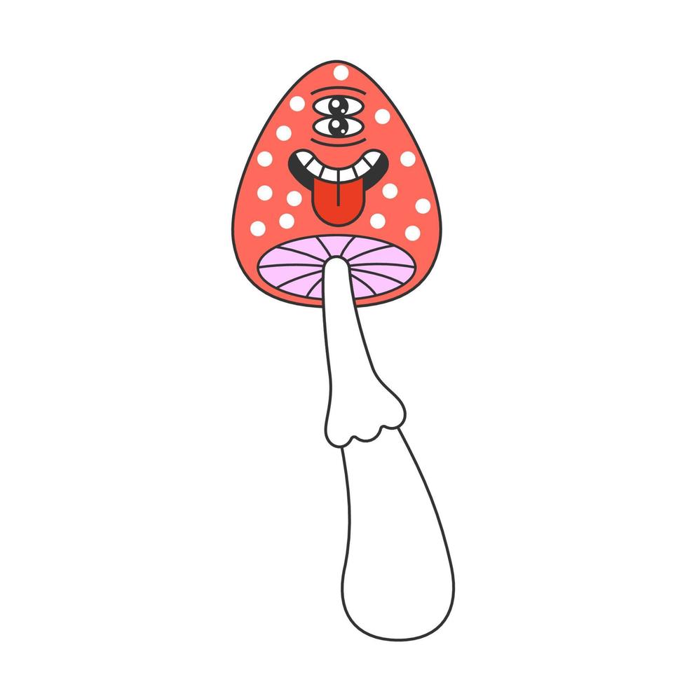 Retro groovy trippy mushroom with crazy face. Hippie psychedelic weird fly agaric. Hippy funky fungus. Vintage cartoon hallucinogenic nostalgic amanita. Trendy y2k pop culture design. Isolated vector