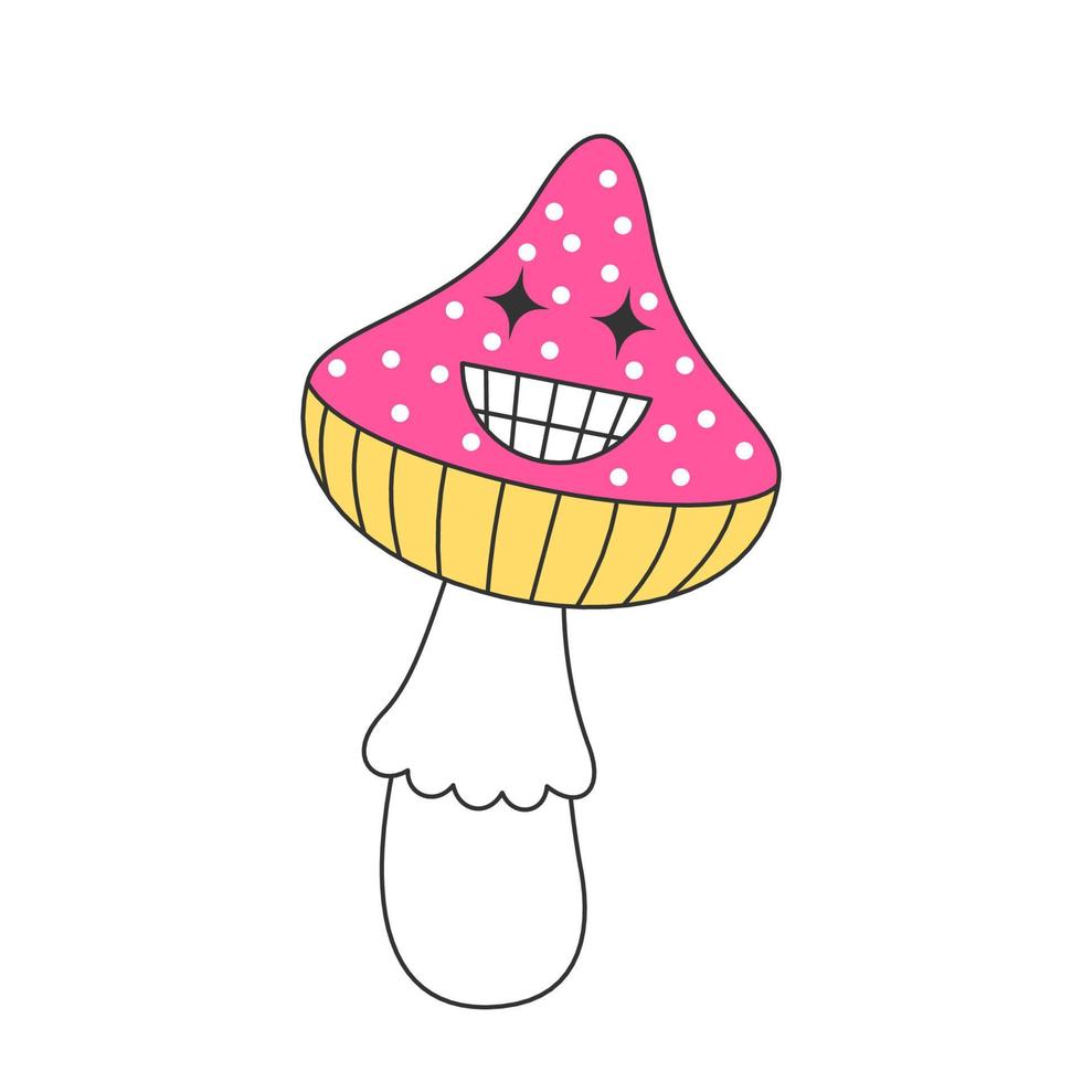 Retro groovy trippy mushroom character with happy smiling face. Hippie psychedelic weird fly agaric. Hippy funky fungus. Vintage cartoon hallucinogenic nostalgic vector amanita. Trendy y2k pop culture