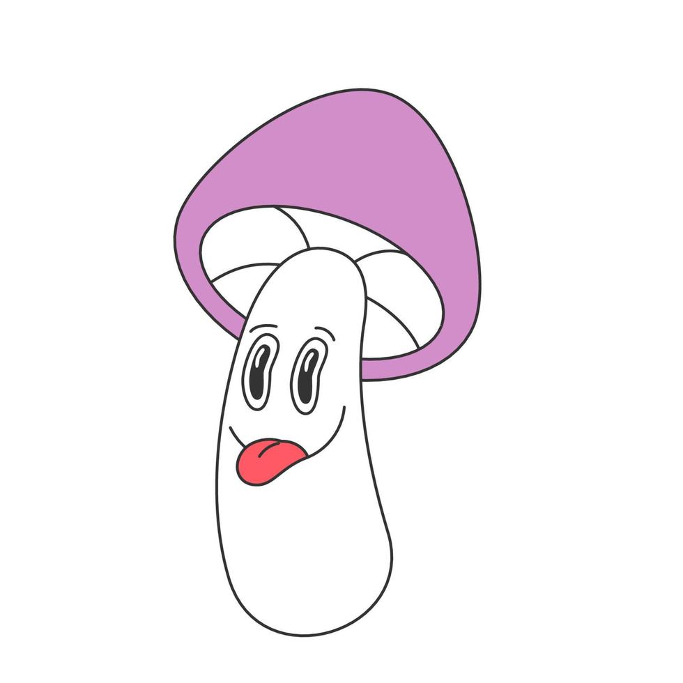 Retro groovy trippy mushroom character. Funny face sticking out tongue. Hippie psychedelic weird fly agaric. Hippy funky fungus. Vintage hallucinogenic nostalgic amanita. Trendy y2k pop culture. Eps vector