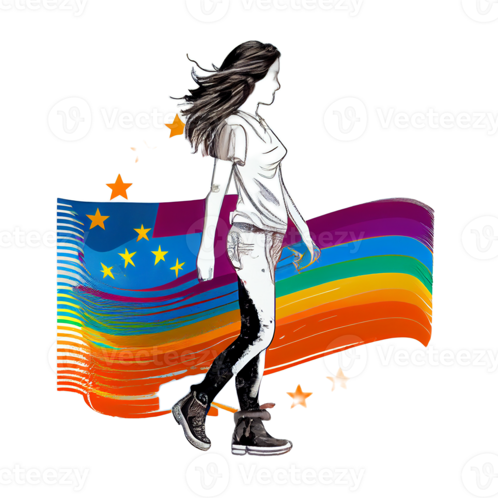 kvinna aktivist för lgbtq rättigheter med regnbåge flagga, tecknad serie, transpersoner, homosexuell, queers olika människor av Gay och lesbisk gemenskap, ai genererad png