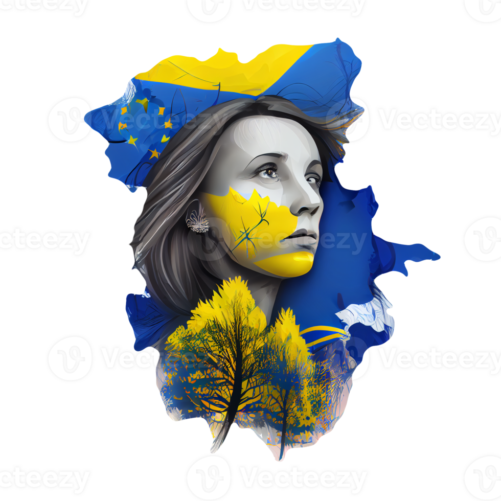 Oekraïne vlag vrouw illustratie, mooi Dames oekraïens en EU artwork vlaggen, ai gegenereerd png