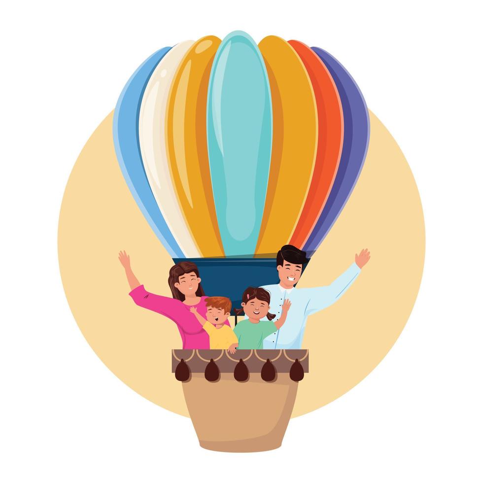 Flat cartoon illustration of a father, mother, daughter and son traveling in the hot air balloon. Happy family illustration. vector