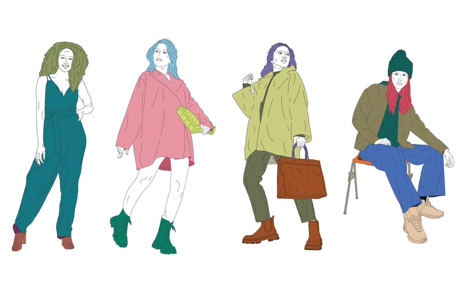 Moda compras muchachas con hermosa colores vector ilustración