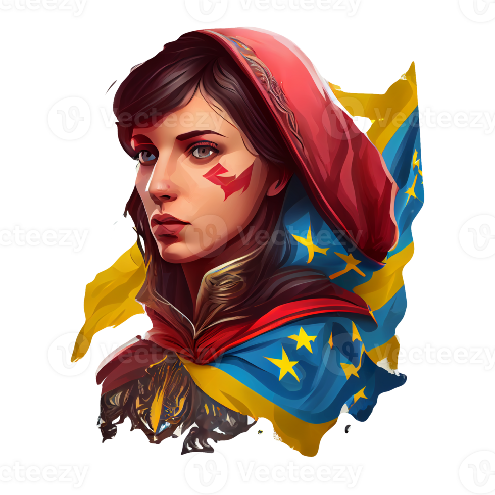 Ucrania bandera mujer ilustración, hermosa mujer ucranio y UE obra de arte banderas, ai generado png