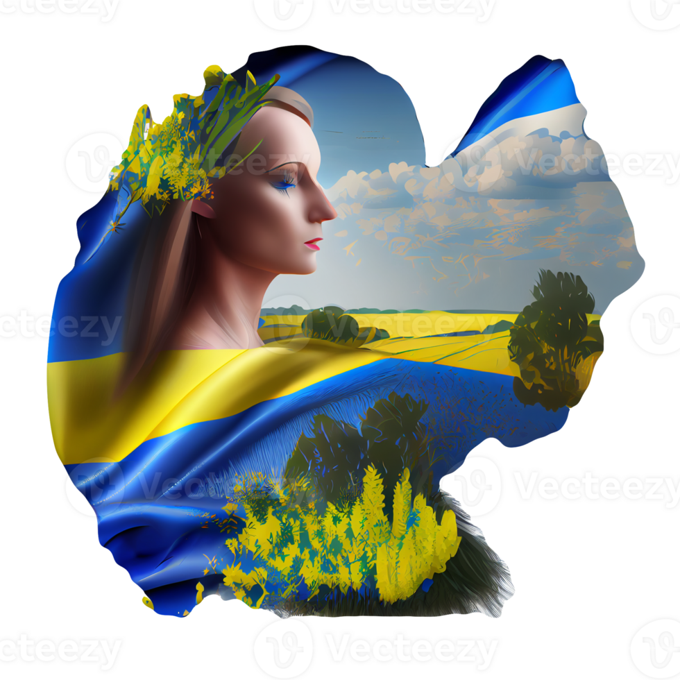 Oekraïne vlag vrouw illustratie, mooi Dames oekraïens en EU artwork vlaggen, ai gegenereerd png