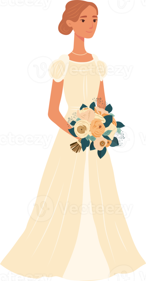 The bride with a wedding bouquet of flowers.  illustration in flat cartoon style. png