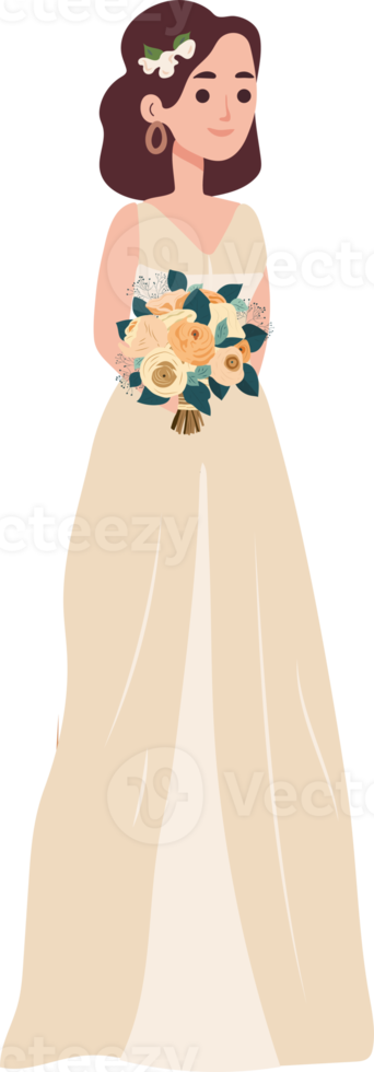 The bride with a wedding bouquet of flowers.  illustration in flat cartoon style. png